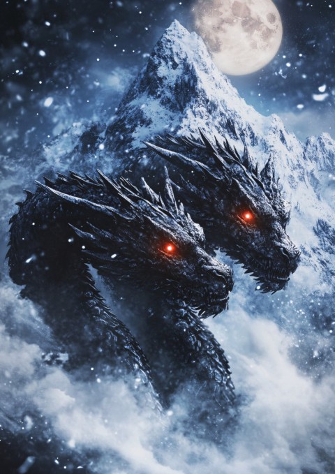 Black Dragon Under Moonlight in Snowy Mountains