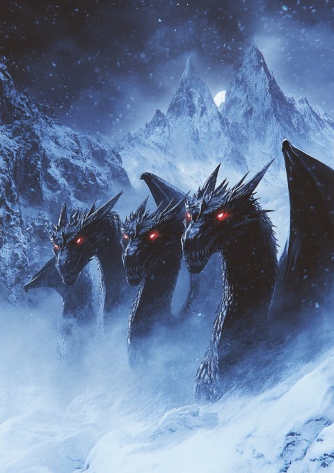 Three-Headed Black Dragon with Red Eyes in Snowy Mountains